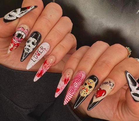 Slasher nails Spooky Nails Ideas, Trick R Treat Nails, Saw Nails Halloween, Nails Halloween Aesthetic, Crazy Halloween Nails, Halloween Nails Aesthetic, Aesthetic Halloween Nails, Scary Halloween Nails, Scary Halloween Nails Design