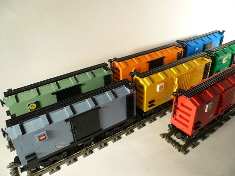 LEGO Boxcars | Hard to call the design a 'MOC' when the desi… | Flickr Lego Cargo Train, Cargo Train, Lego Train, Car Storage Box, Lego Trains, Lego Photo, Train Depot, Lego Worlds, Lego House