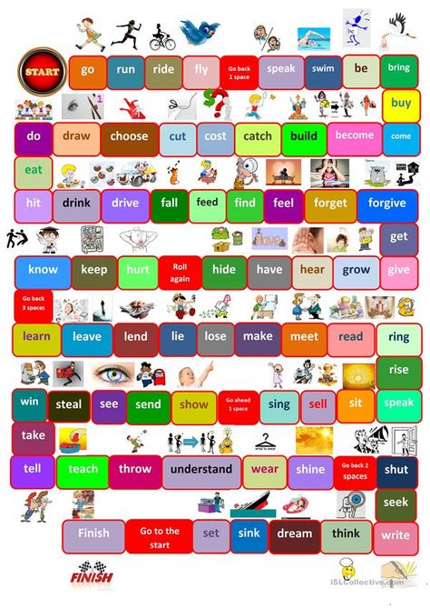 Board game irregular verbs - English ESL Worksheets for distance learning and physical classrooms English Games For Kids, Verb Games, Present Continuous, English Teaching Materials, English Activities For Kids, English Exercises, Verb Worksheets, Learning English For Kids, English Games