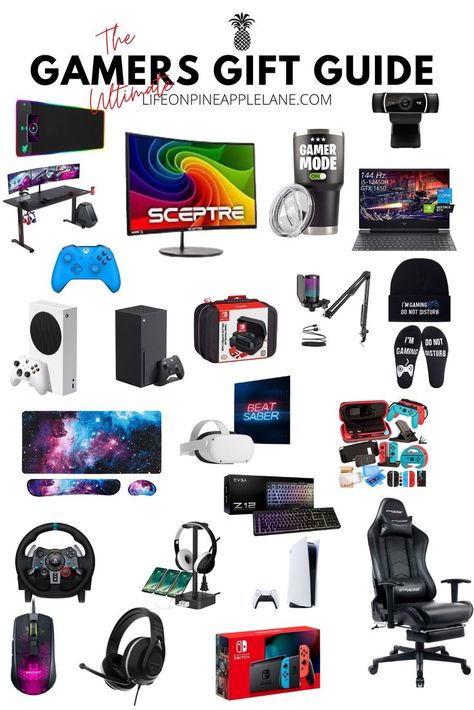 The best holiday gifts for the gamers on your list! VR headsets, game consoles, keyboards, monitors, streaming essentials and more! Gamer Christmas Gifts, Gifts For Gamers Guys, Gamer Essentials, Easy Gadgets, Gamer Gift Guide, Boy Wishlist, Gamer Bf, Gamer Gifts For Him, Gym Glamour