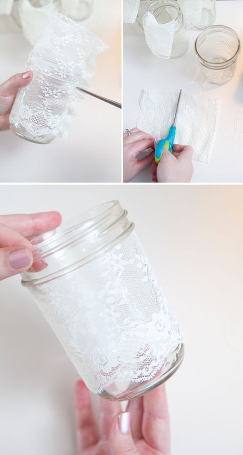 Making Lace Sleeves for Mason & Jelly Jars!  (Uses sewing machine but looks super easy) DIY Lace Covered Mason Jars via Something Turquoise Easy Mason Jar Centerpieces, Lace Diy Projects, Lace Jars, Making Lace, Lace Mason Jars, Diy Wedding Dress, Diy Candle, Mason Jar Crafts Diy, Jelly Jars