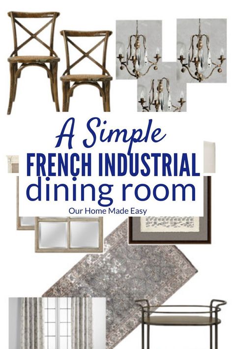 A simple French inspired dining room design! Click to see the natural wood classics with a touch of industrial design. Easy to create yourself! French Industrial Decor, Wall Paint Colour Combination, Diy Porch Decor, Dining Room Industrial, Dining Room French, Modern Industrial Decor, Diy Window Treatments, Diy Home Accessories, French Industrial