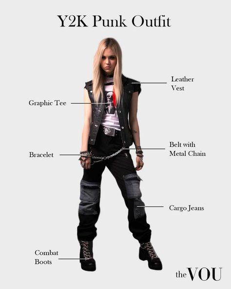 This dressing style is characterized by punk’s edgy, anti-establishment vibe fused with the metallic sheen and futuristic shapes that defined the turn of the millennium. Key clothing and accessories include punk emblematic leather jackets, low-rise black leather pants, torn denim skirts, graphic band tees, studded belts, layered chain necklaces, chunky wristbands, and spiked chokers, all revised in Y2K style. Goth Punk Rock Outfits, Punk Rocker Aesthetic, Metal Punk Outfit, Chunky Belts Y2k, Types Of Punk, Punk Rock Outfits For Women, Punk Fashion Edgy, Punk Outfits For Women, Y2k Punk Aesthetic