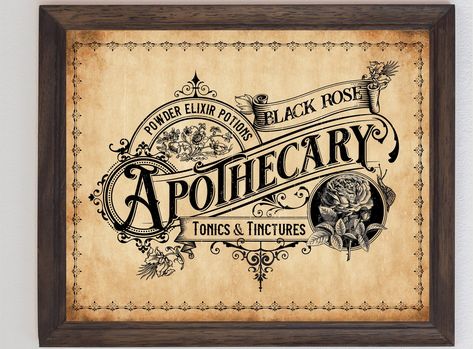 "*INSTANT DOWNLOAD - NO PHYSICAL ITEM WILL BE MAILED* This Apothecary sign printable comes with  the word \"Black Rose\" by default. You may choose to personalized it with your name or get it as a gift with recipient's name. If you wish to add a name to the shown place, just leave me a message upon purchase with 🧙𝟏. 𝐞𝐱𝐚𝐜𝐭 𝐧𝐚𝐦𝐞 𝐭𝐨 𝐛𝐞 𝐚𝐝�𝐝𝐞𝐝  🧙𝟐. 𝐞𝐦𝐚𝐢𝐥 𝐚𝐝𝐝𝐫𝐞𝐬𝐬 🧙𝟑. 𝐀𝟒 𝐨𝐫 𝐔𝐒 𝐥𝐞𝐭𝐭𝐞𝐫 𝐬𝐢𝐳𝐞 I will email you the artwork in 24hrs. If you have any question Apothecary Sign, Apothecary Design, Apothecary Decor, Witch Signs, Apothecary Labels, Apothecary Cabinet, Free Vintage Printables, Witchy Decor, Witch Decor