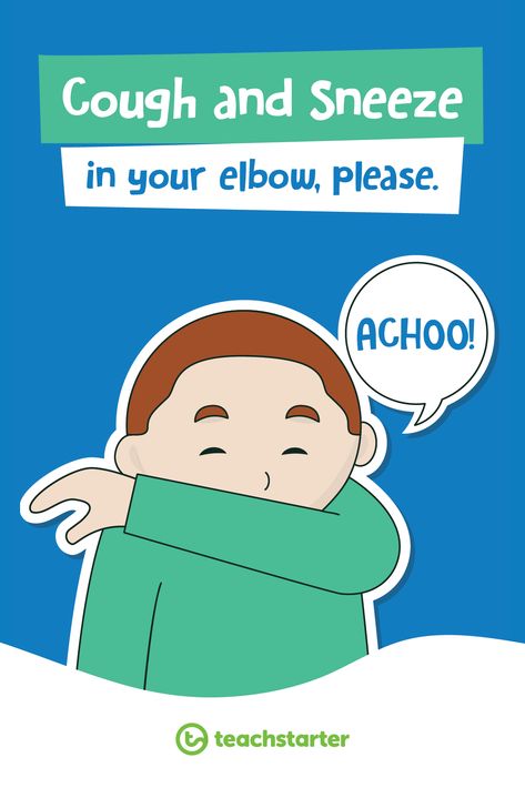 Free to download this simple poster explaining the importance of couging and sneezing into your elbow. Poster Kesehatan Simple, Hygiene Poster, English Portfolio, Personal Hygiene Activities, Ks1 Classroom, Hygiene Lessons, Safety Rules For Kids, Class Rules Poster, Hygiene Activities