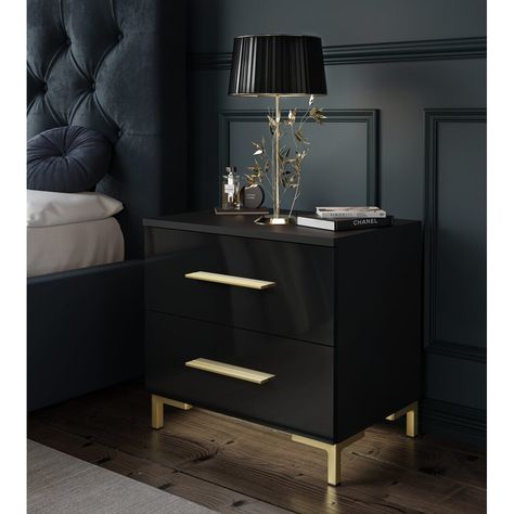 The Veronique bedside table is a perfect solution for people who appreciate modern and elegant furniture in their environment. The simple shape of the structure makes it look incredibly tasteful and modern, and the bright colors are perfect for any arrangement. The whole thing is complemented by cold white LED lighting, which you receive free of charge. Colour: Black, Colour (Drawer): Golden Bedside Table Uk, Luxury Bedside Table, Dressing Room Decor, Black Bedside Table, Bedside Table Design, Drawer Bedside Table, Modern Bedside Table, Gold Bedroom, Bedroom Bedside Table