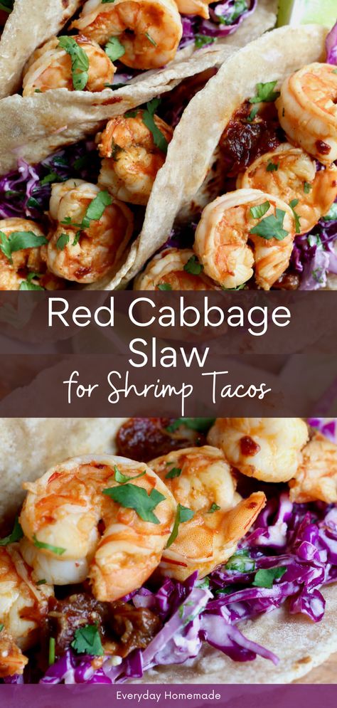 Add a zesty twist to your summer taco nights with this easy Red Cabbage Slaw for Shrimp Tacos! Tossed in a tangy Greek yogurt and lime dressing, it's bursting with freshness from cilantro and crunchy red cabbage. No mayo and ready in just 10 minutes, it's a healthy Cinco de Mayo recipe that'll elevate your taco game! Red Cabbage Tacos, Cabbage Slaw For Shrimp Tacos, Red Cabbage Slaw For Tacos, Cabbage For Tacos, Cabbage Slaw For Fish Tacos, Shrimp Tacos With Cabbage Slaw, Cabbage Slaw For Tacos, Slaw For Tacos, Red Cabbage Slaw Recipes