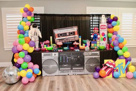 1980's Birthday Party Ideas | Photo 3 of 12 80s Birthday Party Decorations, Made In The 80s Party, 80s Dance Theme, 90s Birthday Party Theme Decoration, 80’s Birthday Party, 1990s Birthday Party Theme, 90’s Party, Neon 80s Party, 80s Theme Birthday Party