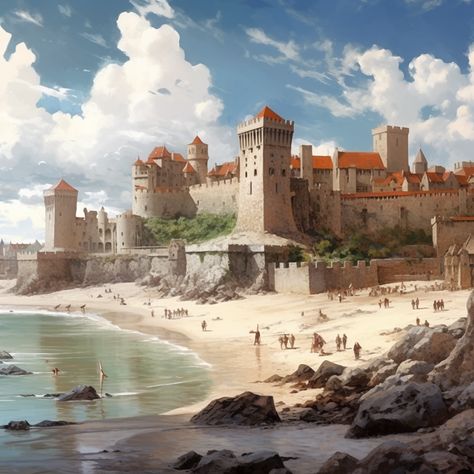 Fantasy Walled City, Fantasy Marketplace, Fantasy Port City Art, Fantasy City Concept Art, Seaside City Fantasy Art, Fantasy Beach City, Canal City Fantasy Art, Medival Towns Cities, Medieval Marketplace