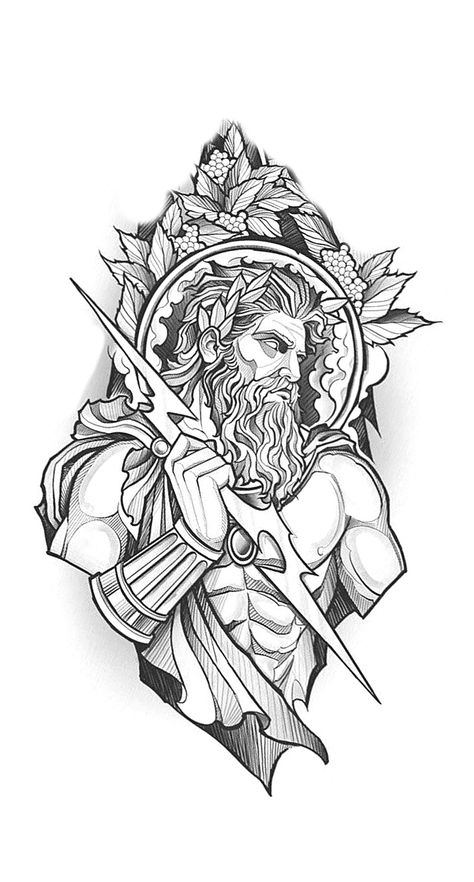 Greek God Tattoos For Men Forearm, Design Greek Mythology Tattoo, Greek God Tattoo Stencil, Greek Gods Tattoo, Hades Tattoo Design Greek Mythology, Concept Tattoo Design Greek, Zeus Poseidon Hades Tattoo Design, Greek God Tattoo Poseidon, Hades Drawing