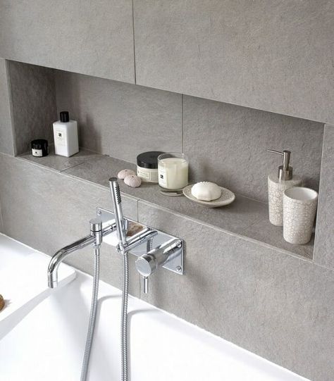 Small Bathroom Ideas that will Make the Most of a Tiny Space Bathroom Niche Ideas, Shelves Above Toilet, Bathroom Niche, Recessed Shelves, Modern Bathtub, Shower Niche, Small Bathroom Storage, Decorating Shelves, Modern Shelving