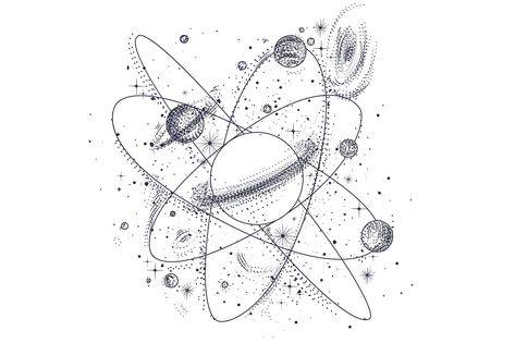 Geometric Universe Tattoo, Cosmos Tattoo, Universe Drawing, Astronomy Tattoo, Cosmic Tattoo, Universe Tattoo, Planet Tattoos, Space Drawings, Galaxy Tattoo