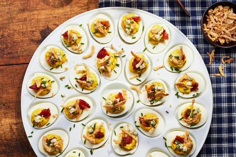 Kentucky Blue Deviled Eggs Southwestern Deviled Eggs, Blue Deviled Eggs, Thanksgiving Deviled Eggs, Classic Appetizers, Hard Cooked Eggs, Deviled Eggs Recipe, Crispy Onions, Game Day Food, Appetizer Dips