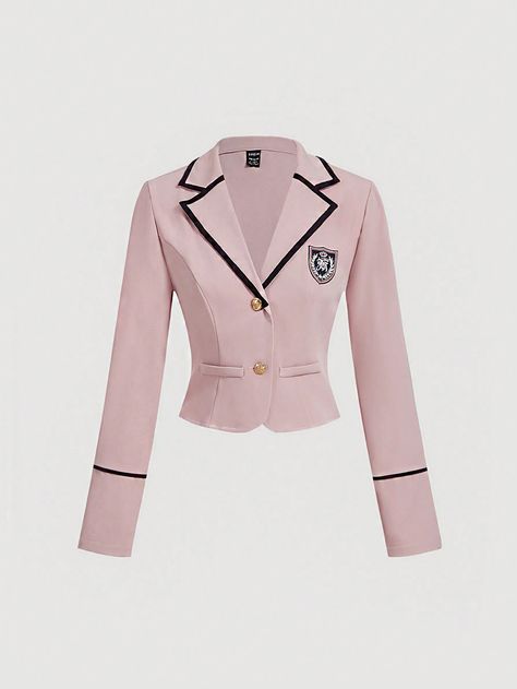 Pink Contrast Trim Retro Preppy Style Women Fall Winter Jacket  Women Blazers Police Woman Costume Cheerleader Costume Pink Elegant  Long Sleeve Woven Fabric Colorblock,Geometric,Letter Regular Non-Stretch  Women Clothing, size features are:Bust: ,Length: ,Sleeve Length: Casual Tweed Jacket, Preppy Style Women, Winter Blazer, Preppy Mode, Retro Preppy, Pink Contrast, Stile Preppy, Girl Routine, Fall Winter Jacket