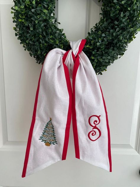 Wreath Sashes, Embroidered Wreath, Preserved Boxwood Wreath, Wreath Sash, Door Bow, Elizabeth Smith, Sewing Machine Projects, Applique Monogram, Plaid Christmas Tree