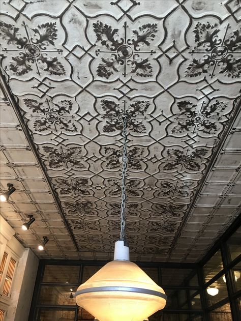 Pressed Metal Ceiling with Aged Finish - The Grounds Of Alexandria Black Tin Ceiling, Stamped Ceiling, Shop Ceiling Tin, Victorian Tin Ceiling, Pressed Metal Ceiling, Vintage Tin Ceiling Tile, Tin Ceiling Tiles Ceilume, Dark Ceiling, The Grounds Of Alexandria