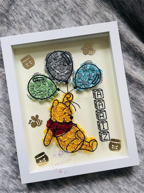 Teddy Bear Shadow Box Ideas, Shadowbox Cricut Ideas, Winnie The Pooh Shadow Box Ideas, 3d Flower Shadow Box Ideas, Useful Paper Crafts, Flower Shadow Box Ideas, Bear Theme Nursery, Paper Flower Design, Shadowbox Ideas