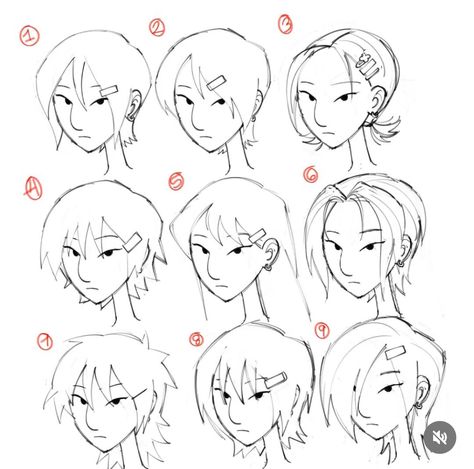 Different Types Of Bangs Drawing, Hair Ideas Reference Drawing, How To Draw Drill Hair, Art Style Help, Hair Drawing Y2k, Character Hairstyles Ideas, Space Bun Drawing Reference, Dot Eyes Art Style, Black Hairstyles To Draw