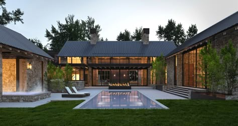 Surround Architecture, Wooded Lot, Modern Courtyard, Rustic Luxury, Farmhouse Architecture, Modern Barn House, Modern Farmhouse Exterior, Barn Style House, Modern Barn