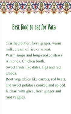 Best food for Vata Aruveyda Recipes, Vata Lifestyle, Vata Ayurveda, Pitta Dosha Diet, Vata Balancing, Vata Diet, Ayurveda Vata Dosha, Balance Vata, Vata Kapha