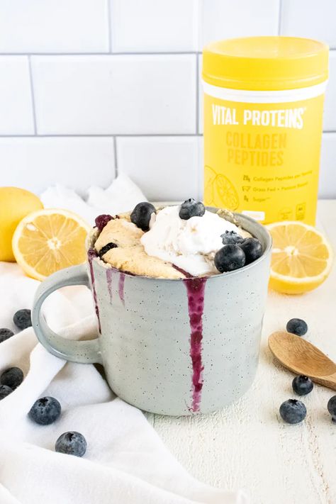 Recipe Using Lemons, Lemon Mug Cake, Muffin In A Mug, Collagen Recipes, Vital Proteins Collagen Peptides, Lemon Blueberry Muffins, Protein Muffins, Vital Proteins, Lemon Flavor