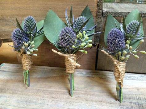 Scottish Wedding Ideas, Scottish Wedding Traditions, Thistle Boutonniere, Vowel Renewal, Blue Thistle, Prom Corsage, Madison Wedding, Corsage And Boutonniere, Blue Wedding Flowers