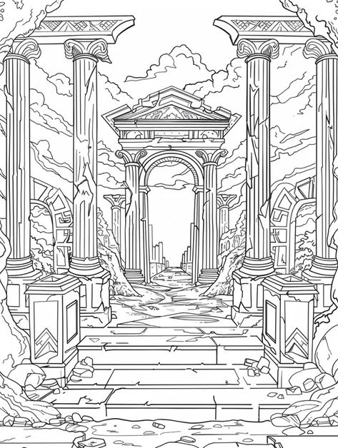 The image is a detailed line drawing of a ruined temple or other classical structure. The temple is in the center of the image, with a large archway leading into it ->> more details in ai-img-gen.com Ancient Temples Concept Art, Greek Temple Illustration, Greek Mythology Buildings, Temple Background Design, Greek Temple Tattoo, Greek Temple Drawing, Archway Drawing, Column Sketch, Greek Structures