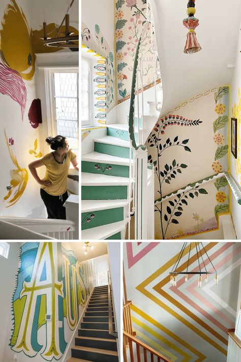 From Boring to Beautiful: 10 Stairwell Decorating Tips Tall Stairway Wall Decor, Maximalist Staircase, Staircase Decor Ideas Wall, Stairwell Mural, Staircase Mural, Stairway Wall Decor, Stairway Wall, Stairwell Wall, Installing Wainscoting