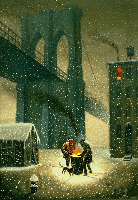 Eric Drooker Manhattan Christmas, New Yorker Covers, George Rr Martin, Christmas Scene, Its Cold Outside, A Bridge, The New Yorker, Ride On, New Yorker