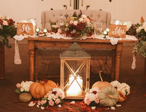 Fall Wedding at Strawberry Farms from Brandon Kidd - Wedding Blog Sweetheart Table Decor, Fall Wedding Tables, Pumpkin Wedding, Sweetheart Table Wedding, Wedding Themes Fall, Rustic Fall Wedding, November Wedding, Mom Wedding, Fall Wedding Decorations