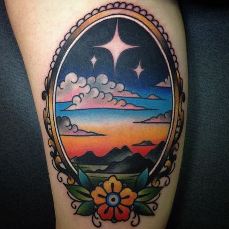 °° Scenery Tattoo, House Garden Landscape, Sky Tattoos, Sunset Tattoos, Framed Tattoo, Tattoo Old School, Landscape Tattoo, Geniale Tattoos, Mountain Tattoo