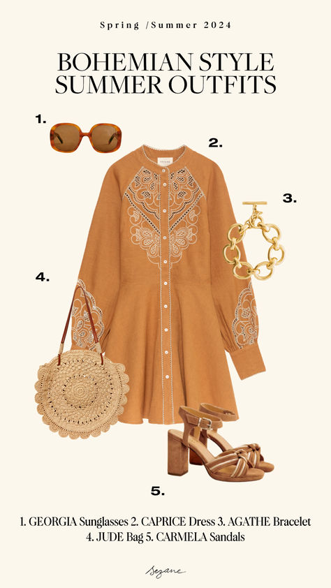 Dive into the carefree spirit of summer with this bohemian style outfit from Sézane. Our dreamy Caprice dress pairs perfectly with the camel Carmela sandals for effortless elegance. Complete the look with retro accessories like the Georgia Sunglasses and athe Jude straw bag. Explore more summer outfit inspirations at sezane.com. Bohemian Chic Dresses, Bohemian Style Clothing, Retro Accessories, Summer Outfit Inspiration, Parisian Style, Bohemian Style, Effortless Style, Occasion Wear, Dress Shop