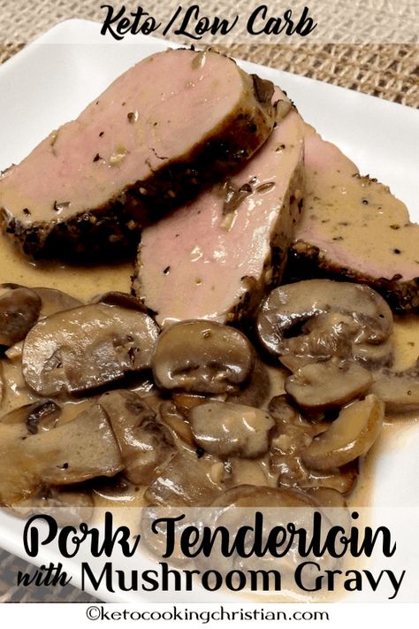 Herb Crusted Pork Tenderloin with Mushroom Gravy - Keto and Low Carb Roasted pork tenderloin with a flavorful herb crust with sautéed mushrooms and creamy gravy! #ketorecipes #keto #lowcarb #ketodiet #ketogenicdiet #lowcarbdiet #ketogenic #lowcarbhighfat #lowcarbrecipes #lchf #glutenfree #ketoweightloss #ketocookingchristian Herb Crusted Pork Tenderloin, Crusted Pork Tenderloin, Roasted Pork Tenderloin, Low Carb Pork, Sautéed Mushrooms, Roasted Pork Tenderloins, Roasted Pork, Tenderloin Recipes, Low Carb Diets