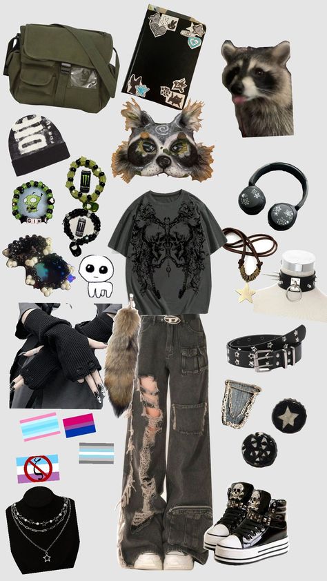 Demigirl Outfit Ideas, Therian Clothing Style, Demiboy Outfits, Trans Crafts, Therian Raccoon, Trans Masc Fashion, Trans Outfits Ftm, Trans Kandi, Trans Ftm Outfits