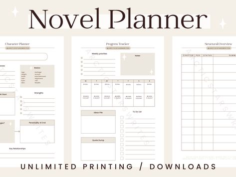 Novel Planner: Digital/Printable digitalfitnessplanner #plannerminimalist☑️ Novel Planner, Daily Planner Book, Character Builder, Progress Tracker, Weekly Planner Free, Aesthetic Cover, Planner Writing, Workbook Design, Planner Setup