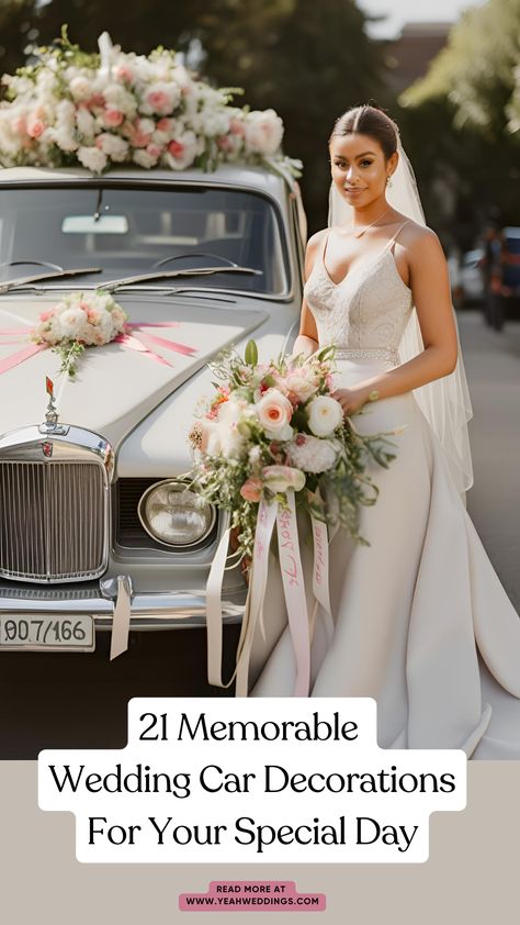 A stunning bride stands beside a beautifully decorated wedding car, adorned with elegant floral arrangements, stylish ribbons, and personalized signs, ready for a picture-perfect send-off on her special day. Wedding Car Decor, Car Decoration Ideas, Elegant Floral Arrangements, Just Married Car, Bridal Car, Wedding Car Decorations, Memorable Wedding, Car Decorations, Modern Bridal