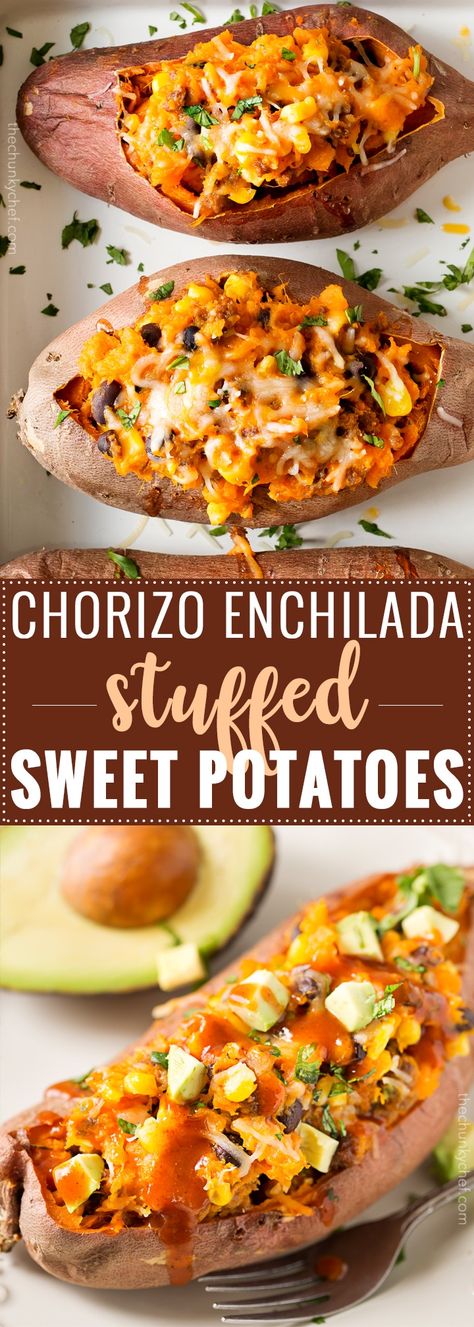 Chorizo Enchilada Stuffed Sweet Potatoes | Mexican flavors come together in these stuffed sweet potatoes, for a meal that's healthy and incredibly easy to prep ahead for a stress-free dinner! | http://thechunkychef.com Enchilada Stuffed Sweet Potatoes, Quiche Chorizo, Healthy Recipes Easy, Twice Baked Sweet Potatoes, Mexican Flavors, Stuffed Sweet Potatoes, Baked Sweet Potatoes, Chorizo Recipes, Prep Meals