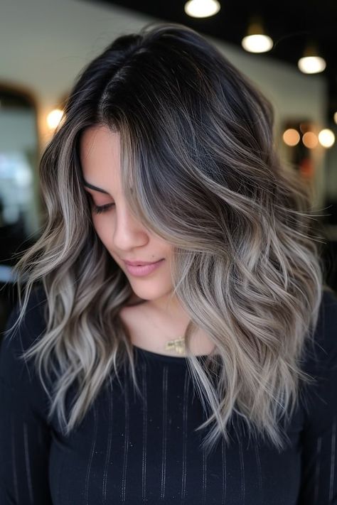 Dark Brown To Cool Blonde Balayage, Ash Brown Hair Balayage Blonde, Ash Blonde Highlights Brown Hair, Ash Brown And Grey Hair, Ash Blonde Hair Balayage Brunettes, End Of Summer Hair Color, Cool Tone Balayage Brunette, Brunette With Cool Tone Highlights, Ashy Blonde Hair Dark Roots