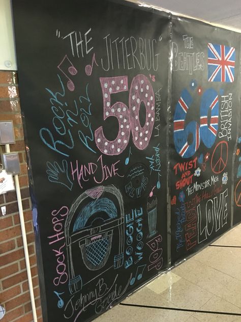 1950s dance through the decades theme week, chalkboard collage. Rock n roll theme. Decades Party Ideas, Through The Decades Party, Dance Through The Decades, Dancing Through The Decades, Decade Dance, Decades Dance, Rock N Roll Theme, Hoco Themes, 1950s Dance