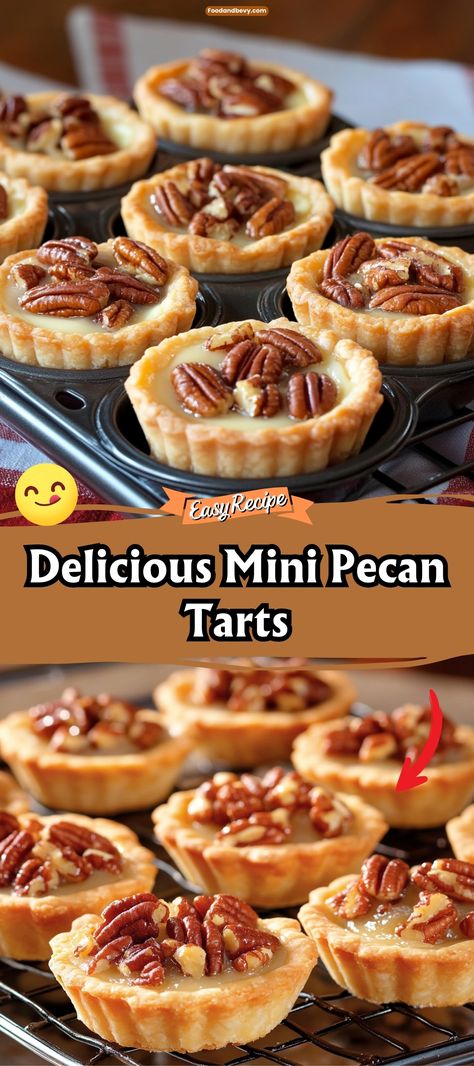 Enjoy a bite-sized delight with Mini Pecan Tarts, where a flaky crust encases a rich filling of pecans, butter, and syrup. These tiny tarts offer all the classic flavors of a traditional pecan pie in a perfect, pop-in-your-mouth size, making them ideal for parties or as a sweet little treat after dinner. #PecanTarts #MiniDesserts #BiteSizedTreats Pecan Tarts Recipe Mini, Nut Tarts Recipe, Mini Pecan Pie Bites, Pecan Pie Tarts Mini, Christmas Tarts Mini, Mini Butter Tarts, Mini Tarts Dessert, Small Pecan Pies, Pecan Butter Tarts