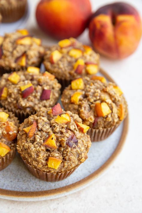 Healthy Peach Baked Oatmeal Muffins Healthy Peach Oatmeal, Peach Oatmeal Muffins, Peach Baked Oatmeal, Healthy Peach Recipes, Baked Oatmeal Muffins, Peach Oatmeal, Peach Muffins, Baked Oatmeal Recipes, Healthy Muffin Recipes