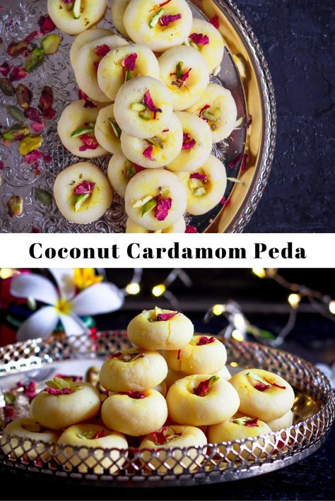 Indian Prasad Recipe, Recipes With Dessicated Coconut, Indian Fusion Sweets, Indian Deserts Sweets, Diwali Party Snacks, Diwali Recipes Snacks, Easy Diwali Sweets Recipe, Cardamom Desserts, Diwali Baking