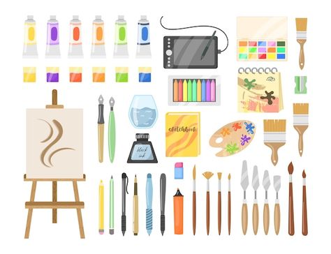 Different art supplies vector illustrati... | Free Vector #Freepik #freevector #painting-palette #painting-tools #art-tools #brush-tool Art Supplies Illustration, Palette Painting, Tools Art, Watch Drawing, Cartoon Artist, Painting Palette, Different Art, Painting And Drawing, Paint Tubes