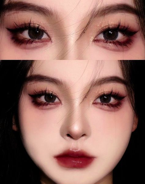 Dark Asian Makeup Tutorial, Sultry Douyin Makeup, Goth Korean Makeup, Cat Eye Douyin Makeup, Smoky Douyin Makeup, Hua Cheng Makeup, Goth Douyin Makeup, K Pop Idol Makeup, Dark Korean Makeup