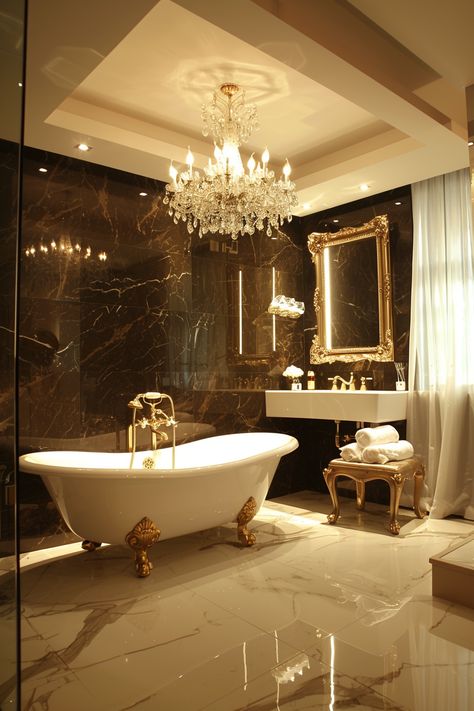 Transform Your Bath into a Luxe Retreat: Elegant Designs & Golden Touches Golden Bathtub, Bathroom With Chandelier, Opulent Bathroom, Dark Academia Bathroom, Grey Marble Bathroom, Gold Ornate Mirror, White Bathtub, Romantic Bathrooms, Royal Bedroom