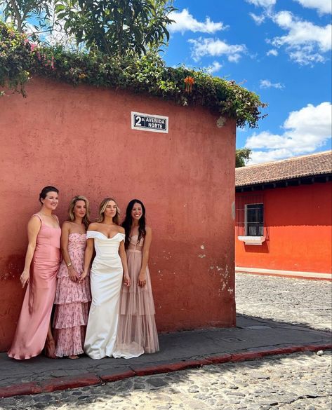 3 Bridesmaids Pictures, Pink Mismatched Bridesmaid Dresses, Colourful Bridesmaids, Pink Bridesmaid Dresses Mismatched, Bridesmaid Pictures, White Veil, Bridesmaids Dress Inspiration, White Veils, Bridesmaid Colors