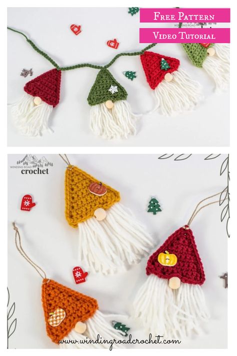 Gnome Garland Free Crochet Pattern and Video Tutorial Gnome Garland, Yarn Scraps, Crochet Gnome, Christmas Units, Crochet Garland, Pocket Scarves, Easy Crochet Patterns Free, Gnome Ornaments, Accessories Bags Purses