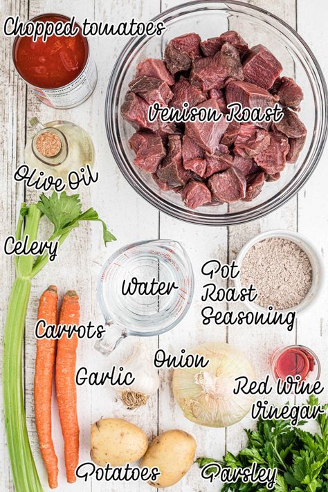 Ingredients all laid out for what is needed to make an Instant Pot Venison Stew. Deer Stew Meat Recipes, Deer Stew, Steak Soup Recipes, Canned Venison, Pot Roast Seasoning, Venison Tenderloin, Steak Soup, Roasted Olives, Venison Stew