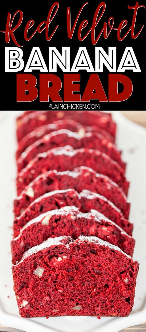 Red Velvet Banana Bread, Banana Bread 3 Ingredient, White Chocolate Banana Bread, Fall Winter Desserts, Red Velvet Muffins, Red Velvet Recipes, Winter Dessert Recipes, Red Velvet Cake Mix, Banana Nut Muffins