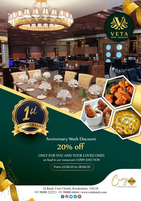 Happy 1st Anniversary! Enjoy this weekend with a special discount.  #FirstAnniversary #VETA #Hotel #Banquets #Kurukshetra Happy 1st Anniversary, Hotel Sales, Furniture Graphic, Hotel Ads, Fireworks Photography, Wedding Entrance Decor, Real Estate Ads, Restaurant Marketing, 2nd Anniversary